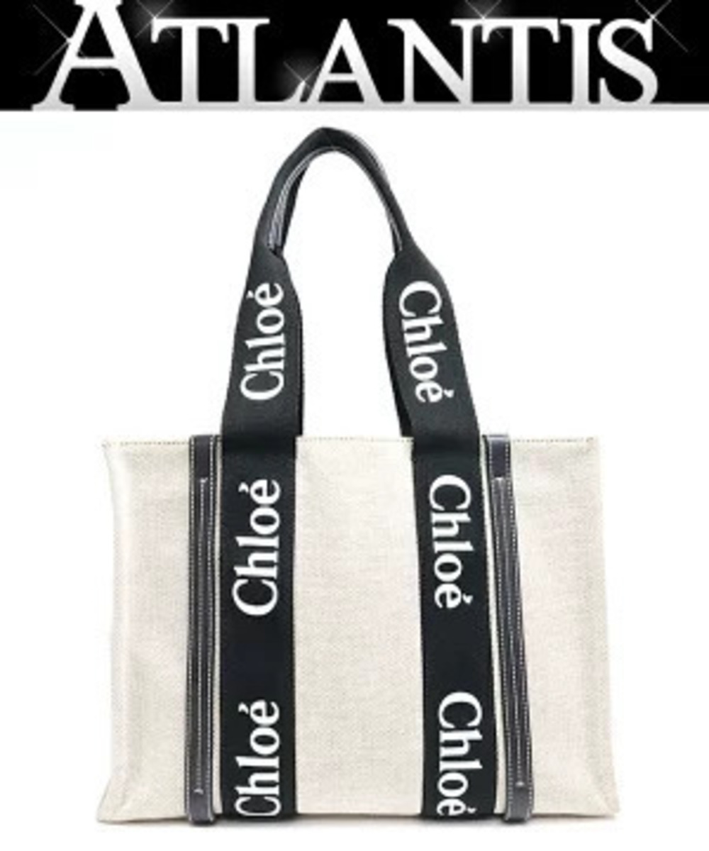 Chloe Woody Tote Bag Canvas x Leather Beige Cream Black